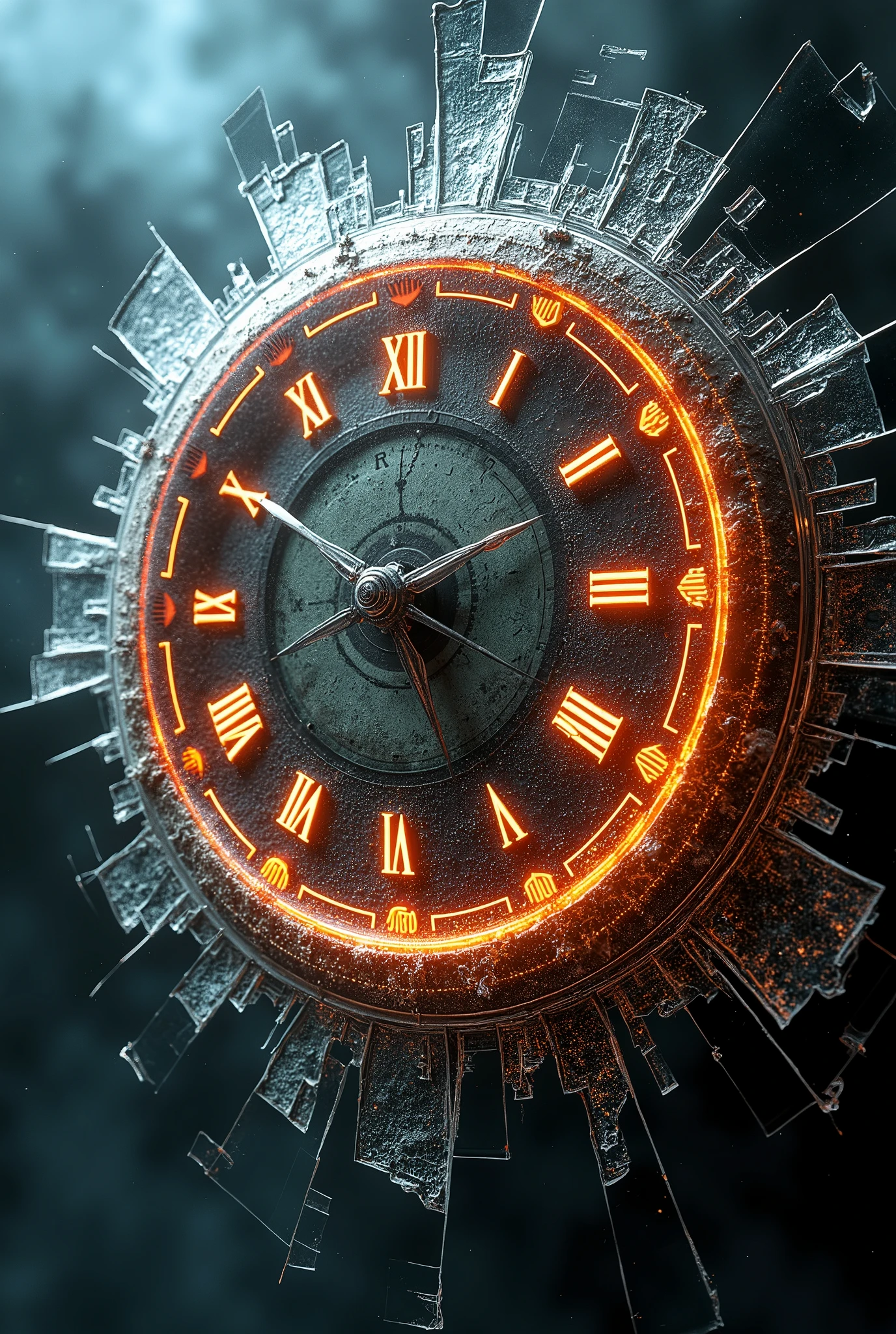 the entire image shows shattered cracked glass, fusion of (cyber, diesel, clock, steam) punk and (water, fire, earth, wind) punk, conceptual installation art, 2.5D, delicate and dynamic, artistic, hyper, graphic CG digital art