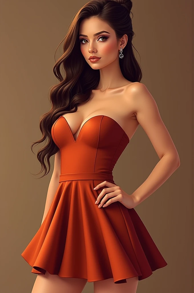 Strapless dress with sweetheart neckline, with a flared miniskirt, in copper color, almost red-toned, The hair hangs loose on one side and is tied up on the other., in a modern and natural arrangement. The eyes are well outlined, the shadow following the bronze theme. on the lips, just the gloss that makes them even more alive.