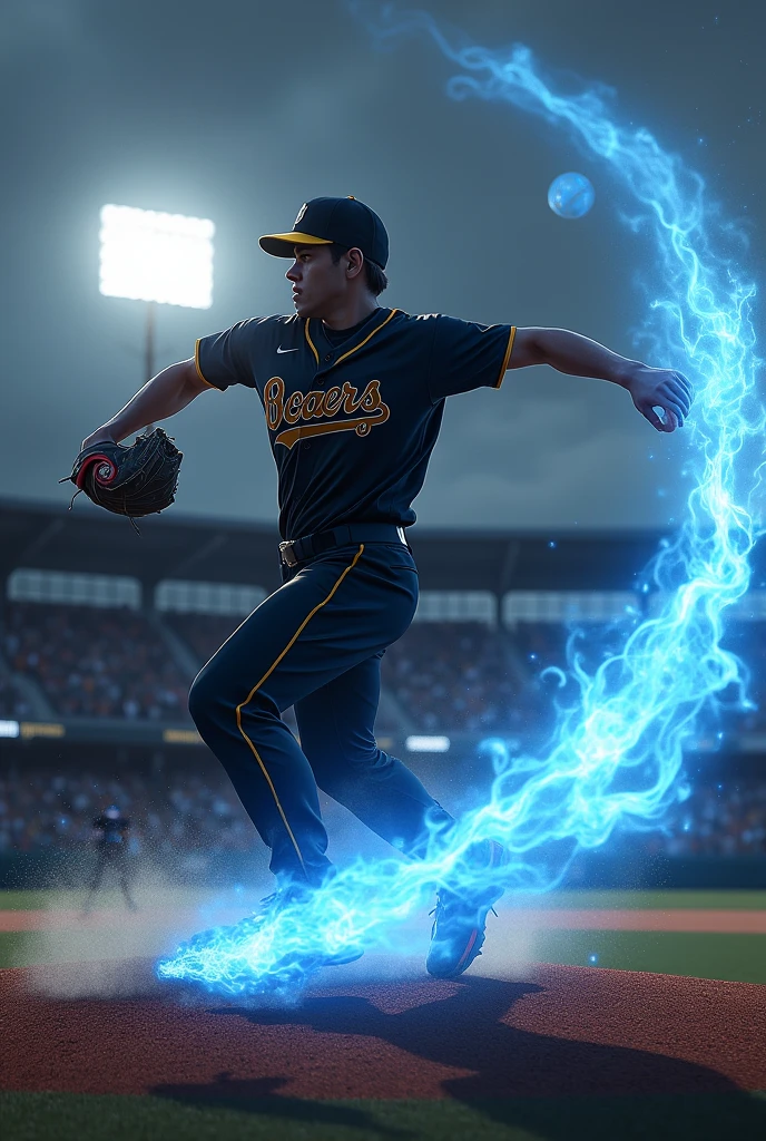 Generates a baseball player throwing a ball ( the ball has blue fire ) and the baseball player wears a black and gold uniform ( type logo )