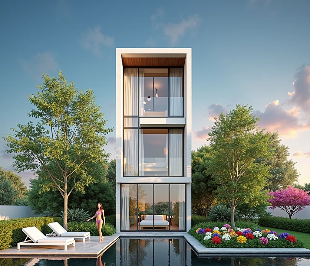 Modern House, Linda, With swimming pool, at dusk, trees and flower gardens , bikini girl