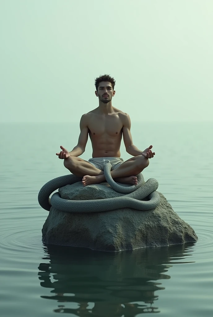 A man sitting and snake is around him. On a small rock in ocean