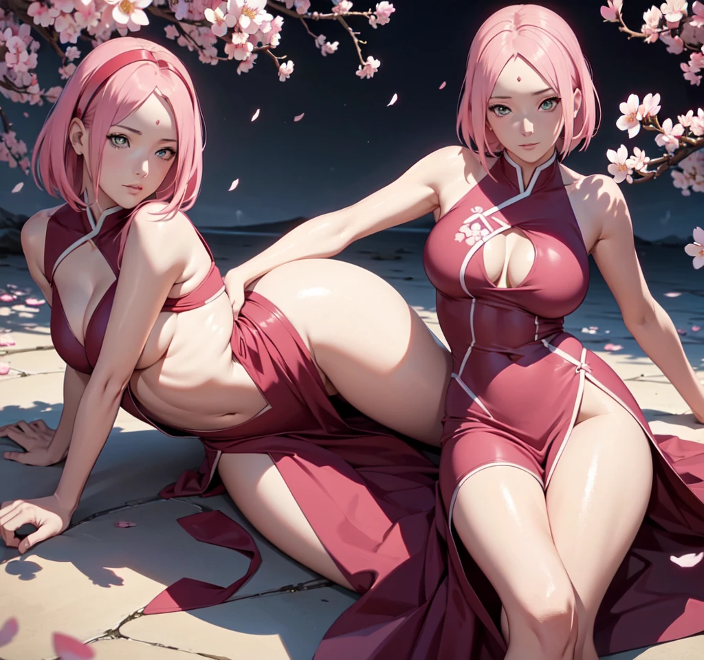 sakura haruno, exposed leg dress, maturebody, beautiful face, sultry posing, big buttocks, illustration, high resolution, ultra detali, realisitic, swirly vibrant colors, soft lighting, cherry blossom theme