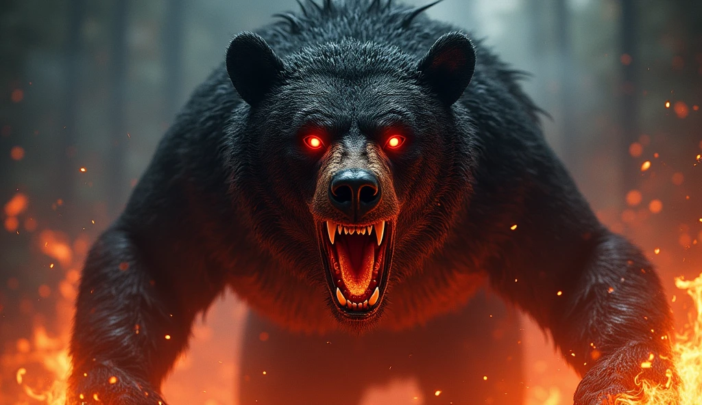 Black bear fire with red eyes angry scary bear in horror movie style, scary bear, bear roaring, glowing red eyes