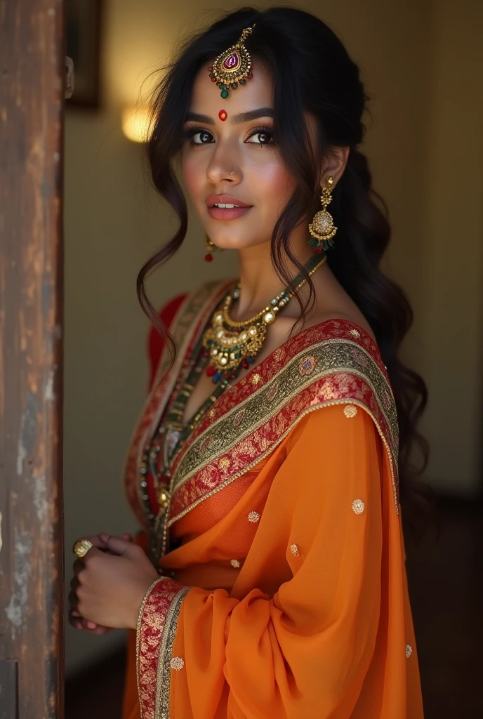 Indian women in saree look her boob