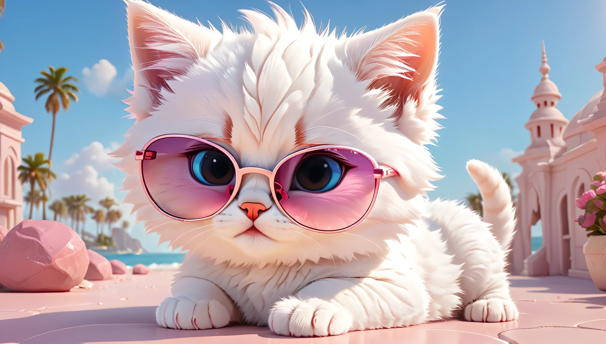 (masterpiece), (best quality), (ultra detailed), a cartoon illustration of an adorable white kitten with sunglasses, aesthetic, fantasy, 12k resolution, pink undertones