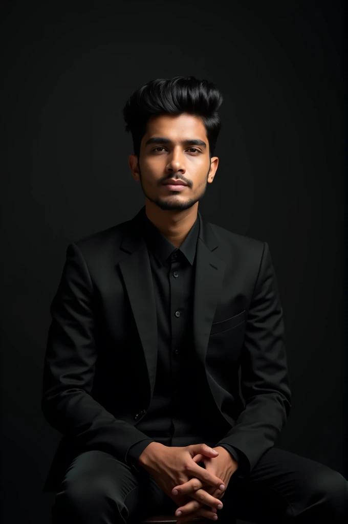 in a dark studio, young man site heroically, dressed in a black Punjabi . cinematic lighting cats a light shadow on his face, giving a professional corporate look. similar to a LinkedIn in business profile photo. formal corporate profile picture, solid great dark background, Bangladeshi, age: 19. cute hairstyle, black hair, urban look