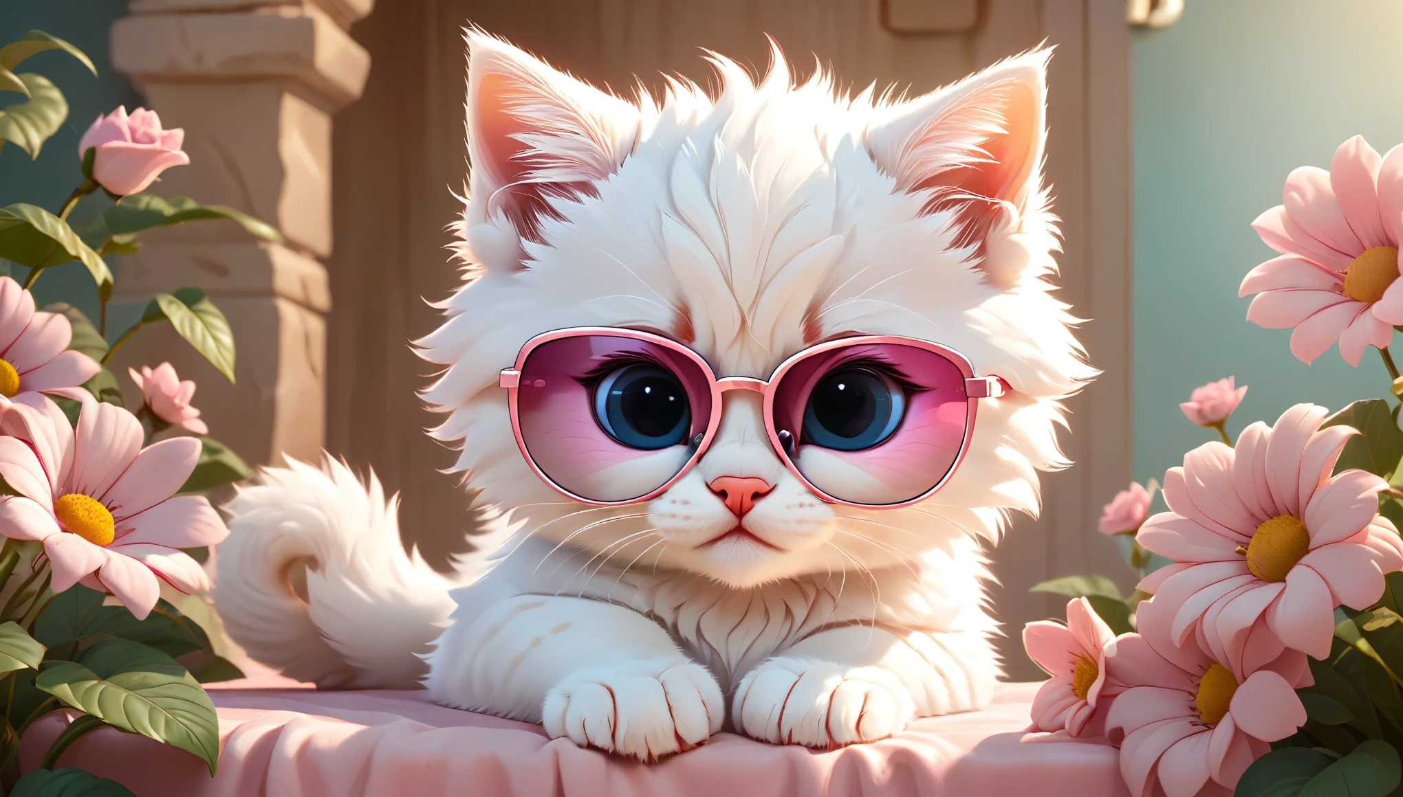 (masterpiece), (best quality), (ultra detailed), a cartoon illustration of an adorable white kitten with sunglasses, aesthetic, fantasy, 12k resolution, pink undertones