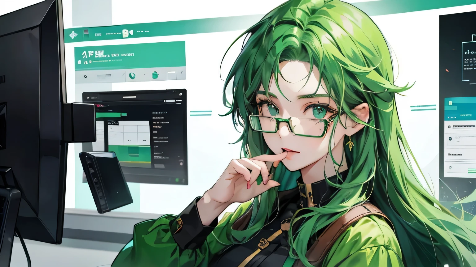 With PC、A beautiful green-haired woman with glasses trading tokens on defi based on her analysis