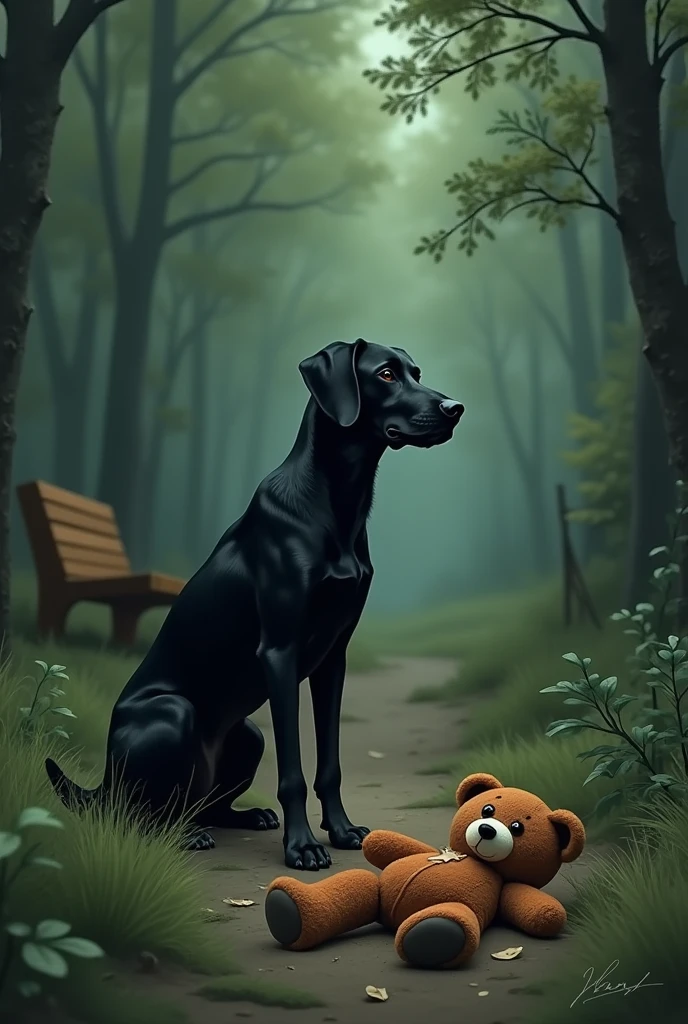 The long black dog left a torn brown teddy bear on the ground where there was a bench, and the long black dog walked in the forest.