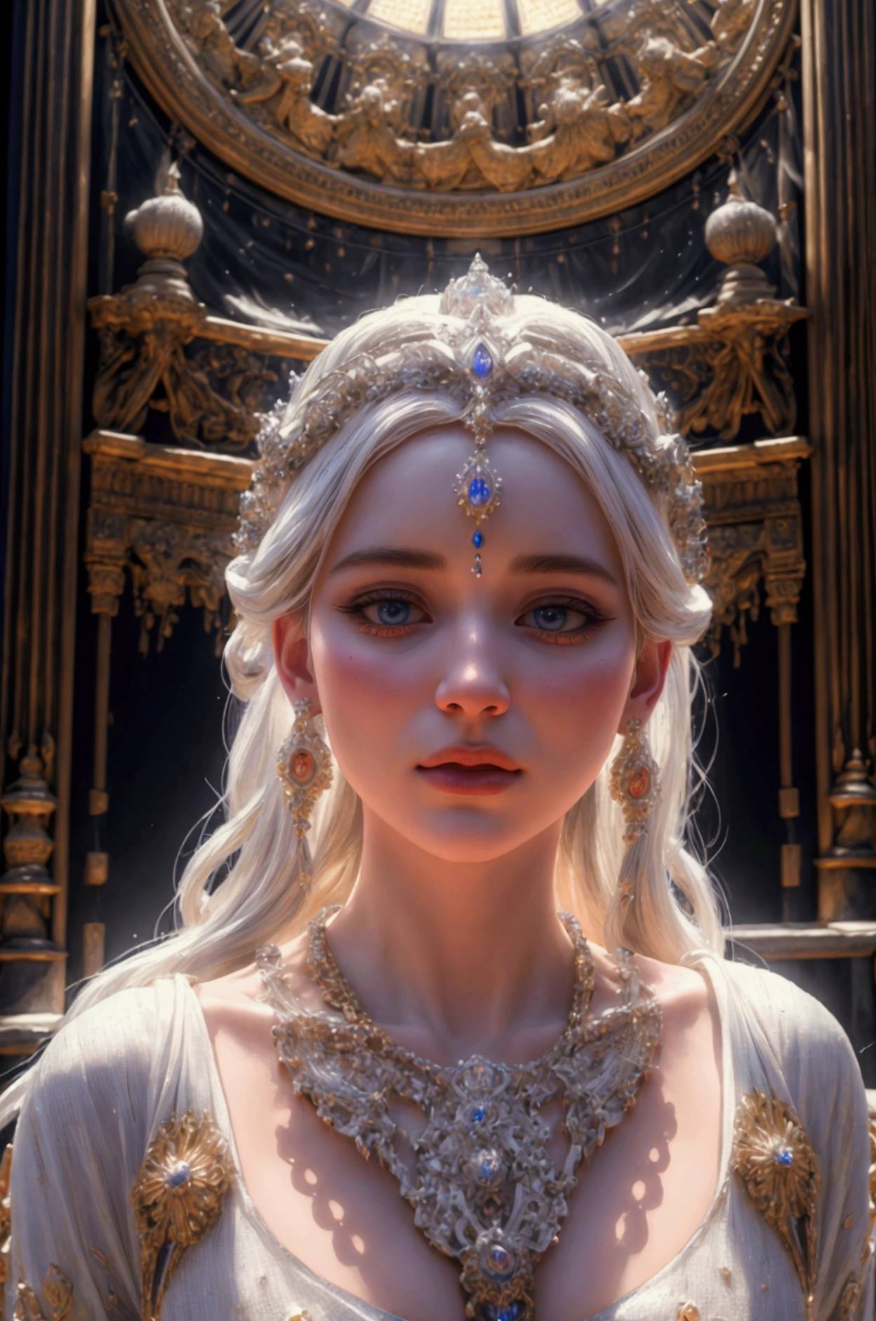 a beautiful white goddess-like dress, praying pose, intricate ornaments, gemstones, divine temple, (best quality,4k,8k,highres,masterpiece:1.2),ultra-detailed,(realistic,photorealistic,photo-realistic:1.37),digital painting,fantasy art,chiaroscuro lighting,cinematic lighting,dramatic shadows,rich colors,vibrant colors,ethereal