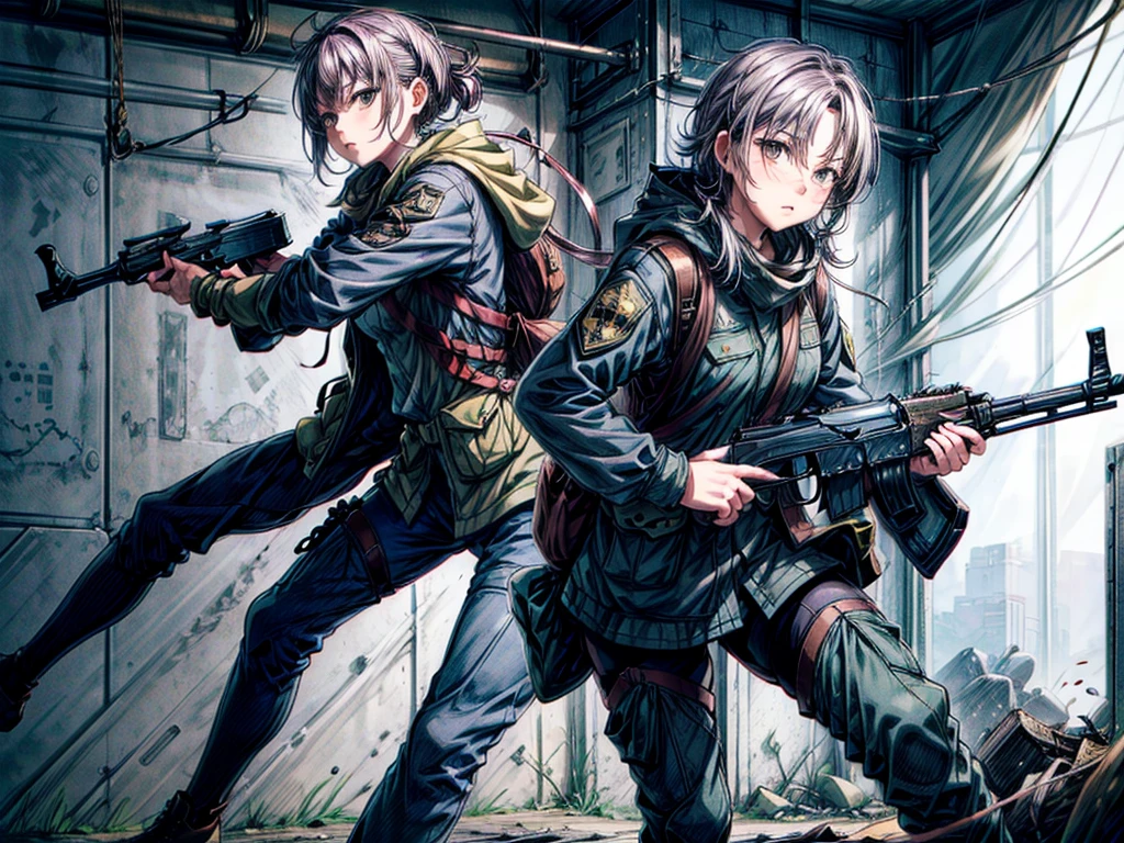 ライフルを持ったwoman兵士, Sniper , rifle, Shooting pose, Hold the rifle, woman, Pull the trigger with your right hand,Place your left hand on your right arm,Stand up on your left knee,Place your right knee on the ground