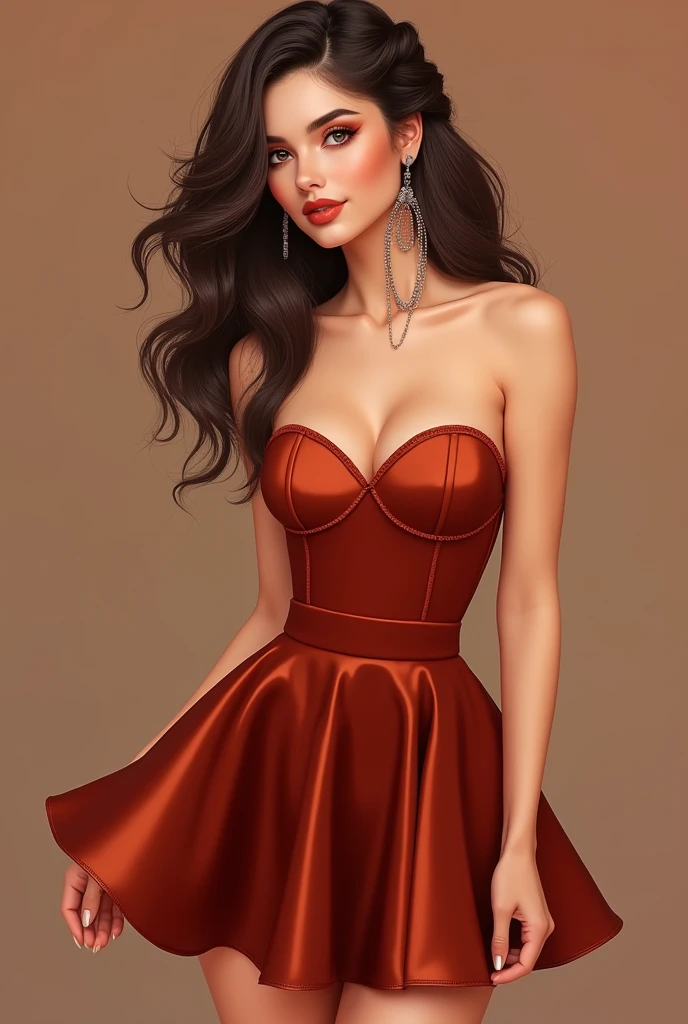 Strapless dress with sweetheart neckline, with a flared miniskirt, in copper color, almost red-toned, The hair hangs loose on one side and is tied up on the other., in a modern and natural arrangement. The eyes are well outlined, the shadow following the bronze theme. on the lips, just the gloss that makes them even more alive.