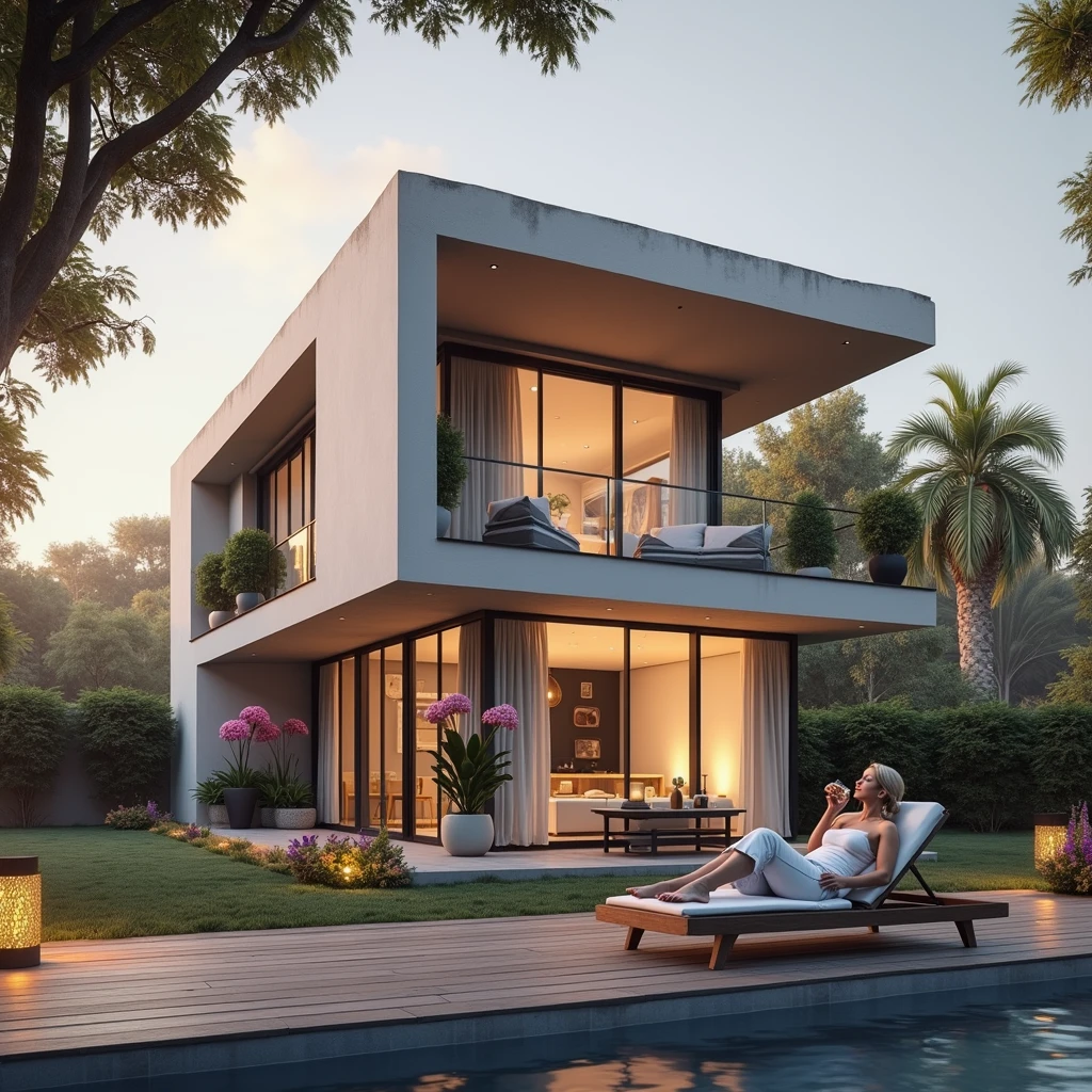 Modern House, Linda, With swimming pool, at dusk, trees and flower gardens