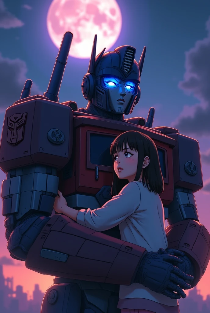 a girl crying, Emilia, hugging Optimus Prime, transformers, anime style, detailed moon in background, dramatic lighting, cinematic composition, intricate details, vibrant colors, photorealistic, 8k, best quality