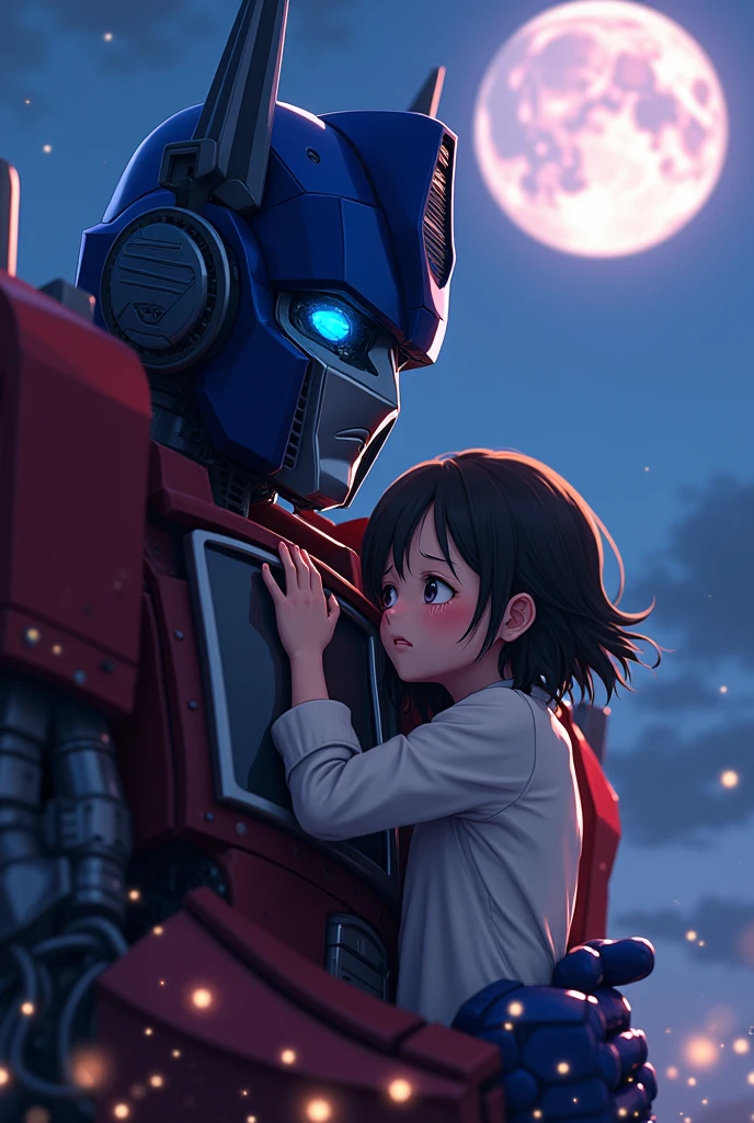a girl crying, Emilia, hugging Optimus Prime, transformers, anime style, detailed moon in background, dramatic lighting, cinematic composition, intricate details, vibrant colors, photorealistic, 8k, best quality