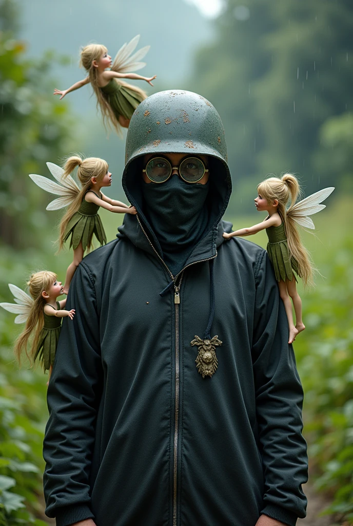 A man wearing a black cloth outfit, his face completely covered by an iron mask with glasses, wearing an M35 helmet, Wear a sun-protective jacket.
The scene is in the middle of Huong Que, the weather is sunny and light rain. Many Fairies laughed and joked with him.