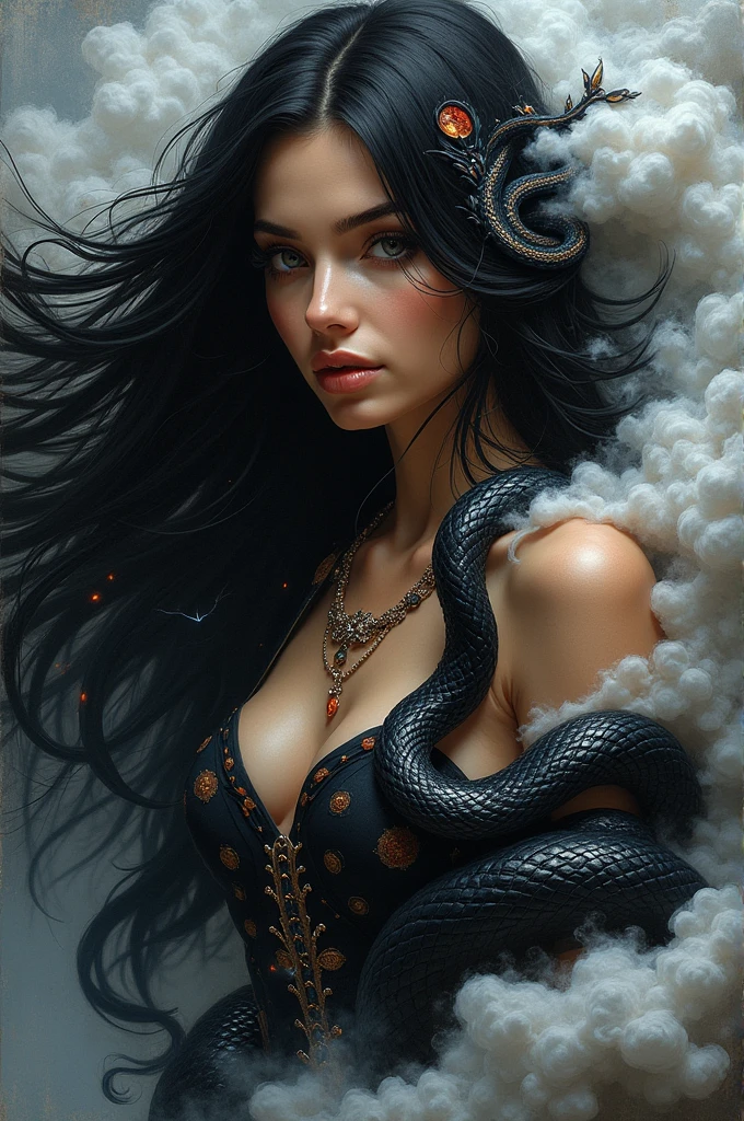 (Masterpiece artwork, top-quality, best qualityer, offcial art, beautiful and seductive aesthetics:1.2), Brazilian woman, (face covered by hair) cabelo blackw comprido (1woman:1.2), fly away, Extremely Detailed,(resumlistum:1.4, Fractal Art:1.3),(silver_hair:1.1), Destiny \( series\), blackw, More Detailed, fire, , lightning, (splash_art:1.2), jewelly:1.4, Hanfu, Scenario, blackw e prata, black snake with red eyes