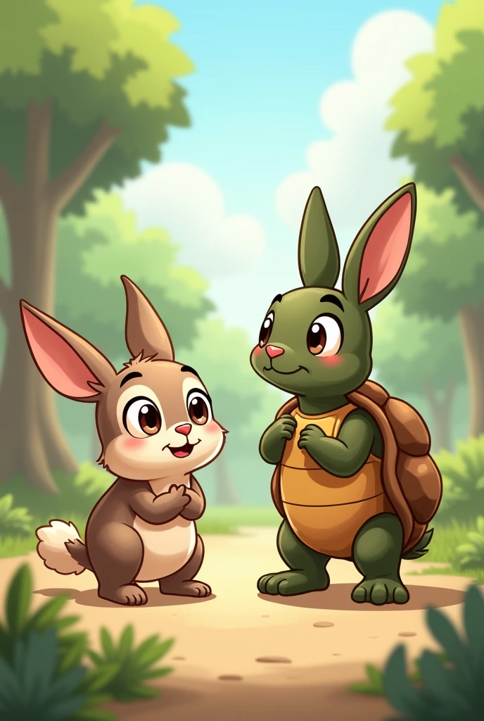 Rumi the rabbit, with wide eyes and an expression of surprise, is staring at Tinu the tertile, who looks content and proud, having won the race. A thoughtful expression on Rumi's face shows that he has learned a lesson.