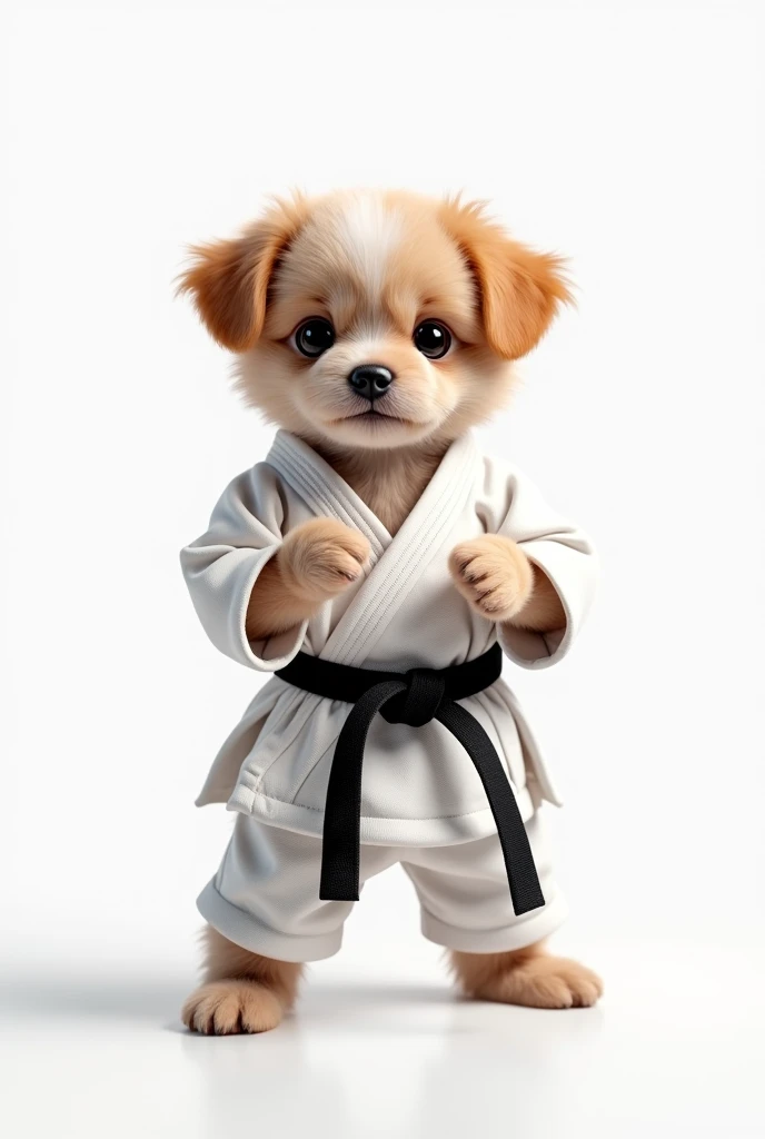 puppy in karate suit on white background