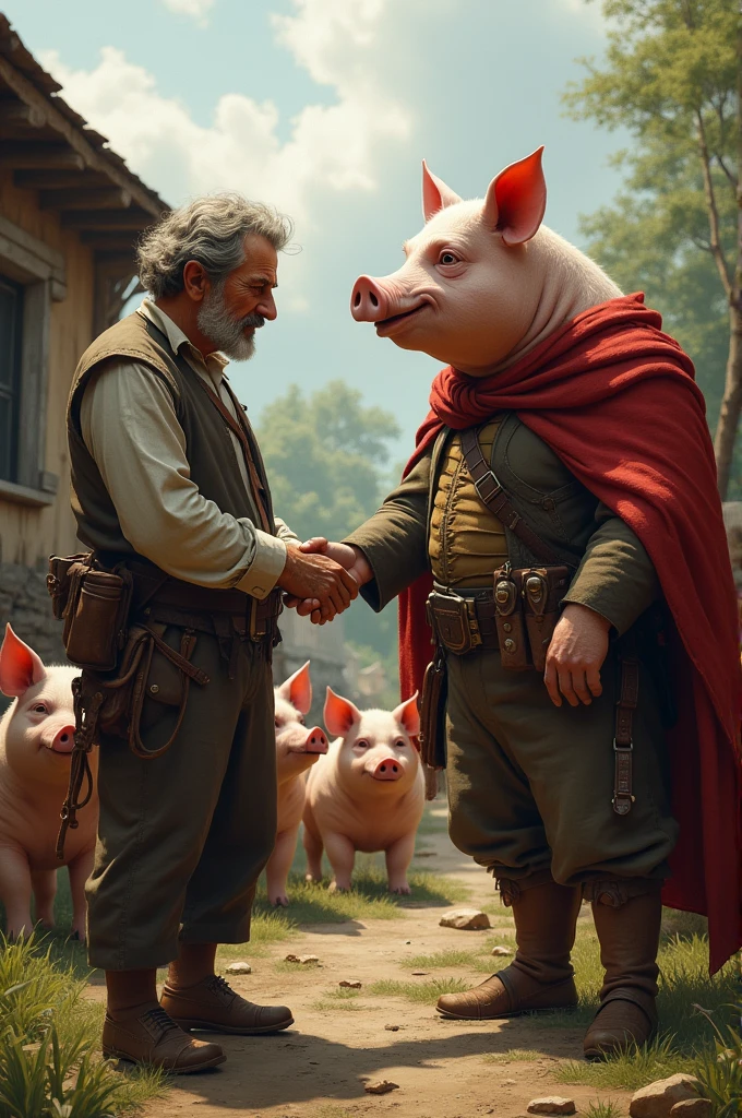 Image: Frederick, A human farmer with a sly smile, shakes Napoleon's hand as other pigs watch, but deep down, Frederick is seen preparing his men and machinery to attack.