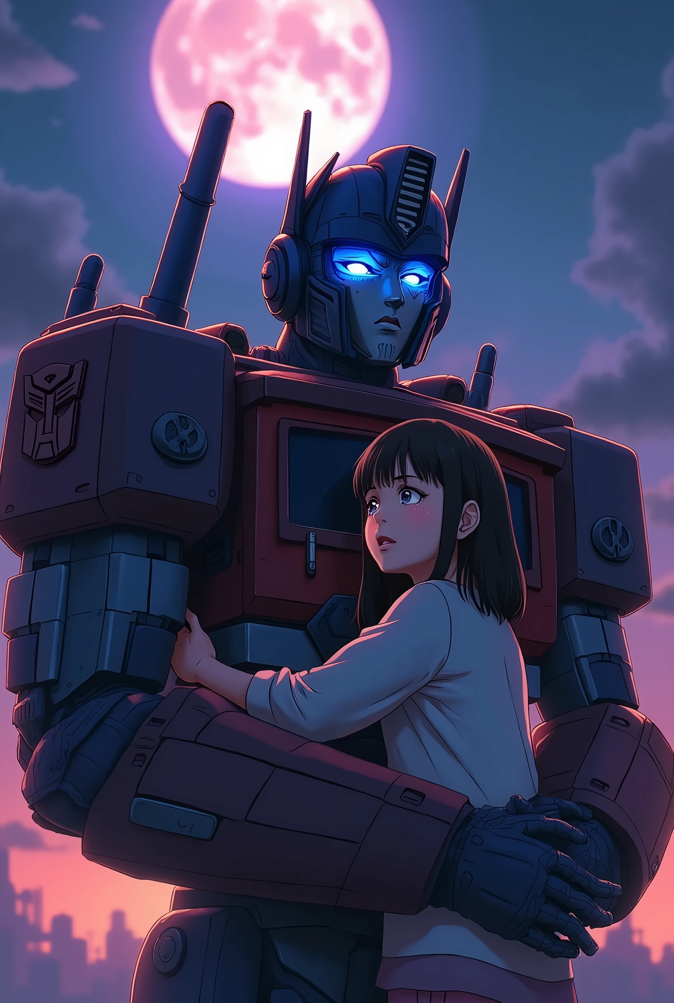 a girl crying, Emilia, hugging Optimus Prime, transformers, anime style, detailed moon in background, dramatic lighting, cinematic composition, intricate details, vibrant colors, photorealistic, 8k, best quality