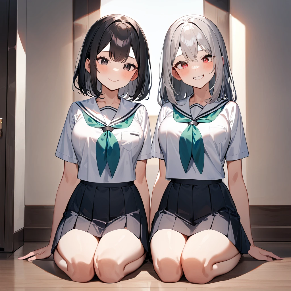 (2girls),adult,smile,school_uniform,White sailor,bareLegs,feet,barefoot,medium hair.black hair,gray hair,black eyes,red eyes,medium_breasts,breasts,masterpiece, best quality, very aesthetic, absurdres,front View,(straight-on),side by side,seiza,light,dynamic angles