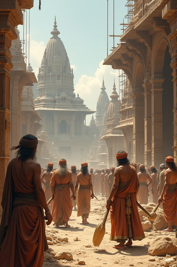 Sutradhars at Work**: Craftsmen and Sutradhars working on various construction projects during Kumbha’s reign.