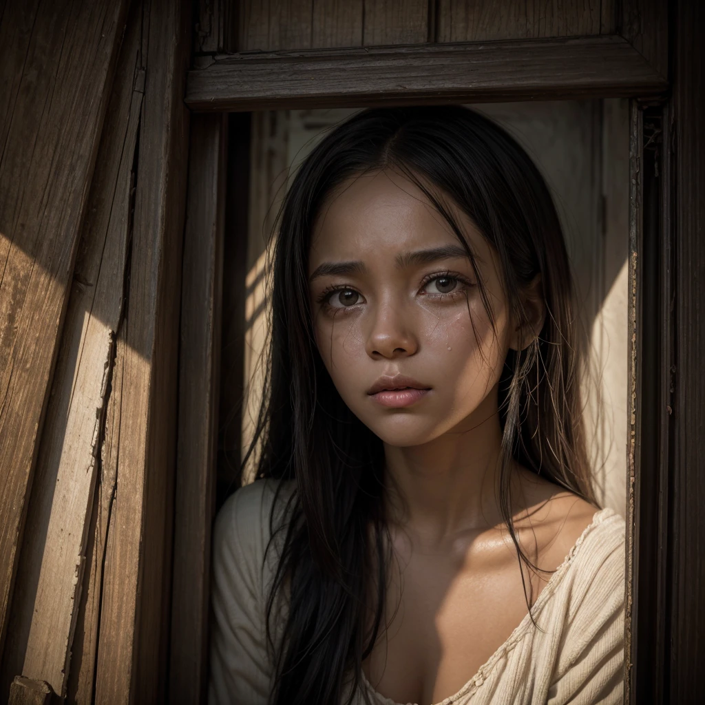 Make a picture of a black woman, flat hair, slightly slanted eyes, in biblical times clothing, dirty, Grieving, sobbing, fallen in front of an old door that opens from which a light comes out.