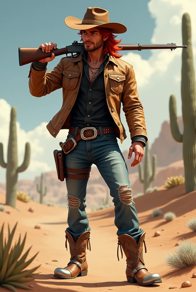 A male character in a dynamic pose with a style inspired by the Old West, mas com um toque moderno. He has long, loose, spiky red hair., wearing a brown cowboy hat with a gold buckle. His outfit consists of a light brown leather jacket, a fitted black shirt, ripped jeans and cowboy boots with silver accents. He carries a cowboy rifle on his shoulder and has a leather belt with several small pouches.. The background will be a desert landscape with cacti in the distance., to complement the theme.