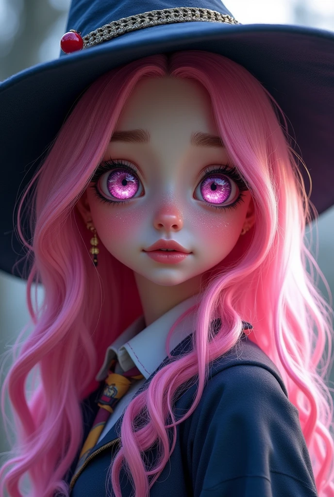 girl,long bubblegum pink hair,pink eyes, parts, full lips,big eyes long eyelashes, aspect , Ravenclaw, hogwart