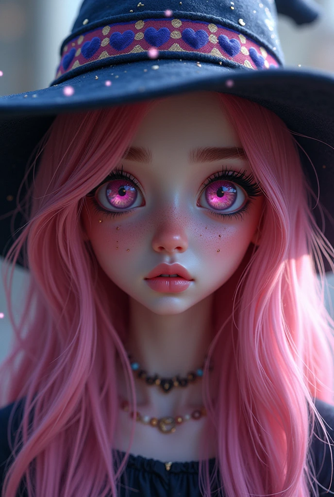 girl,long bubblegum pink hair,pink eyes, parts, full lips,big eyes long eyelashes, aspect , Ravenclaw, hogwart