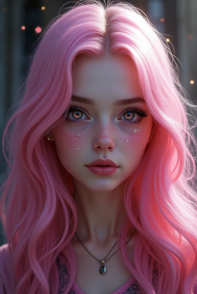 girl,long bubblegum pink hair,pink eyes, parts, full lips,big eyes long eyelashes, aspect , Ravenclaw, hogwart