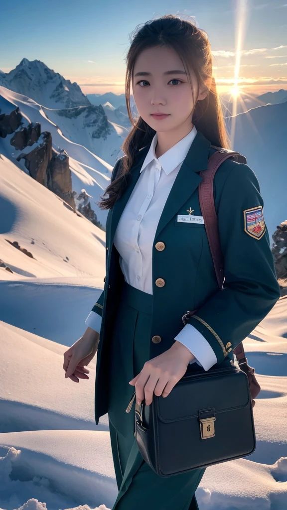 Super detailed, High resolution, Super detaileded, highest quality, wonderful, highest quality,Integrated 8K wallpaper, cinematic lighting, stewardess、20-year-old、Japanese、in mountain、The person is small