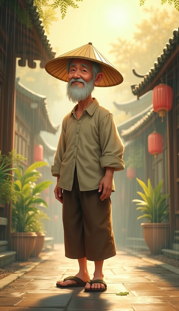 Mr. Tu is a tall and thin man., silver hair, beard and usually wear conical hat. He wears an old shirt., brown pants and slippers, walk slowly but always appear cheerful and gentle.standing in the sun, rain shower in the sun."