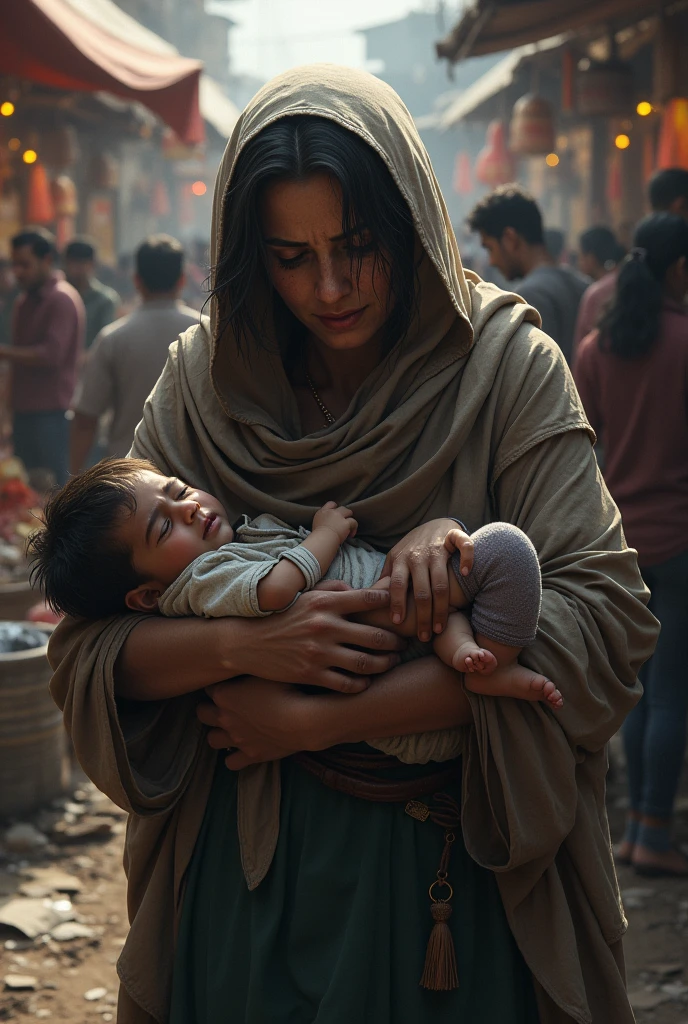 A mother crying her son 
 poor in the market 