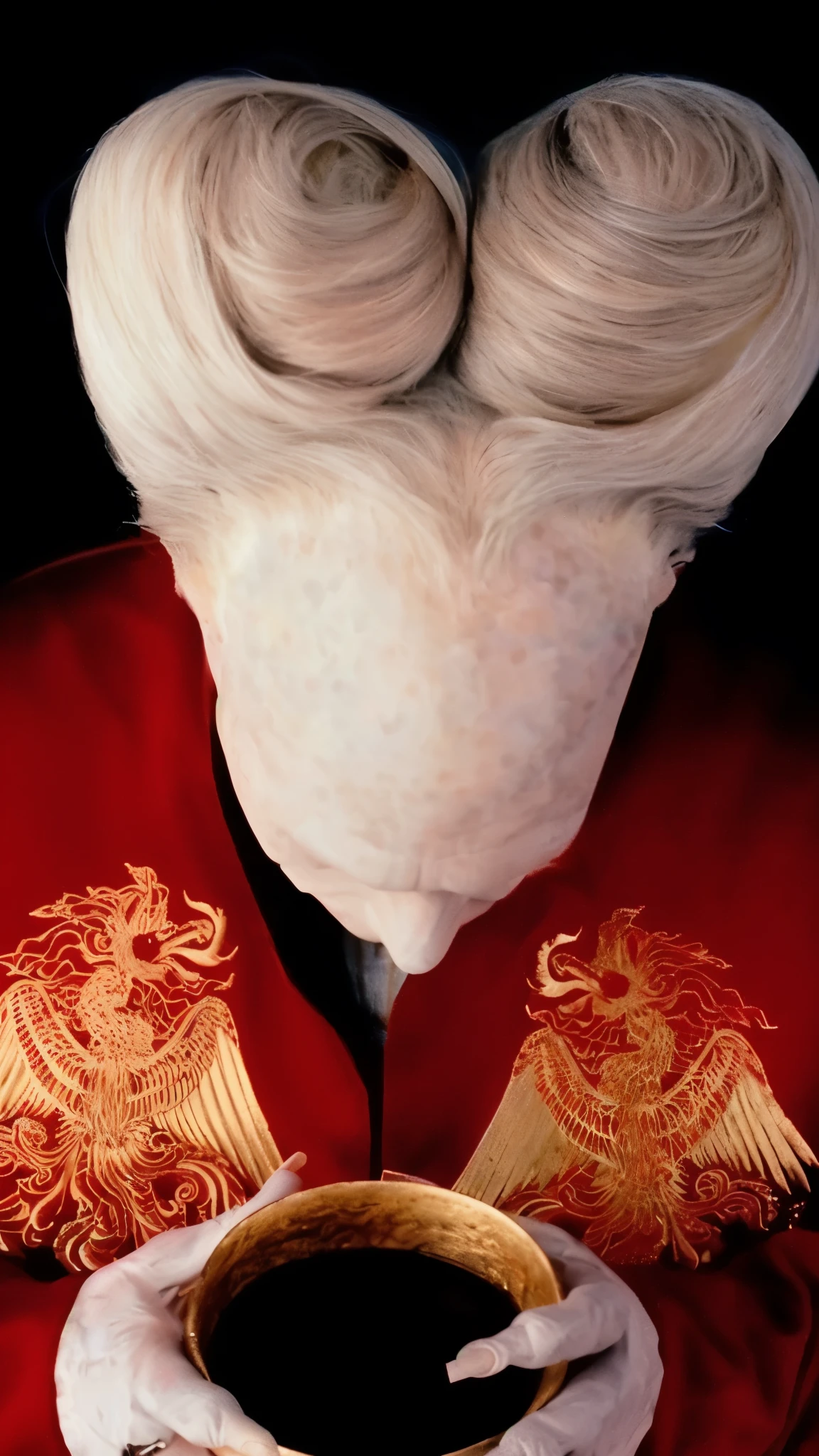 A close-up of the top of a person's head holding a bowl of food,
