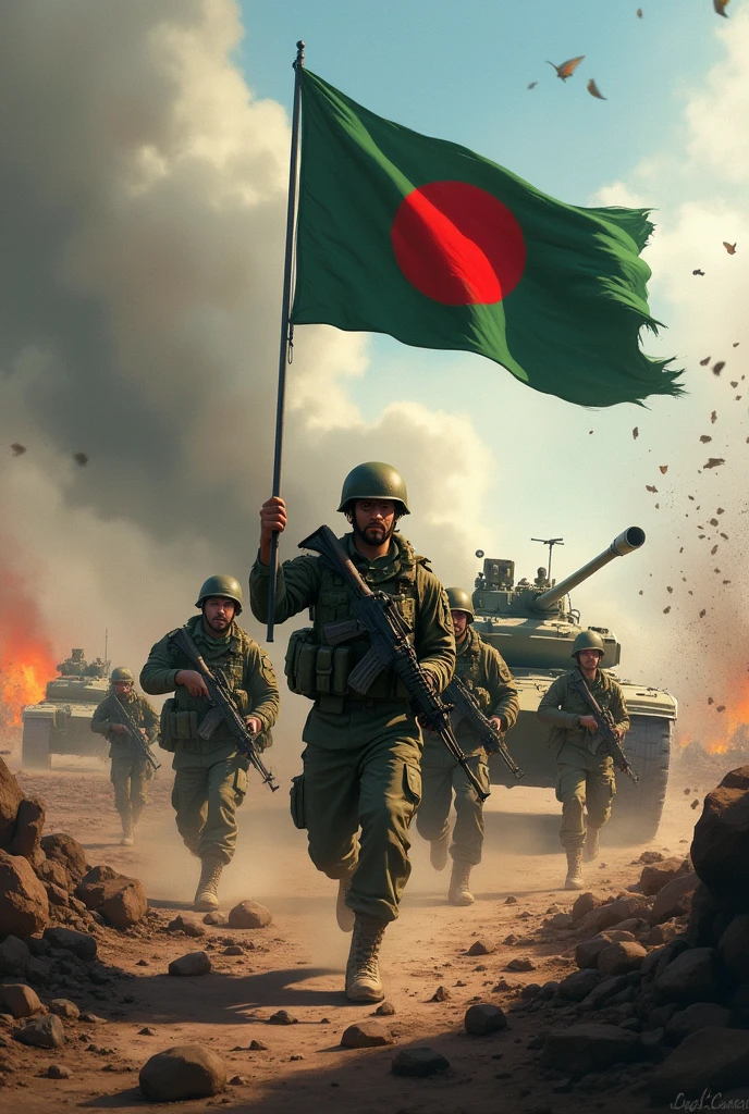 Bangladeshi people in the war with tank and gun and flag