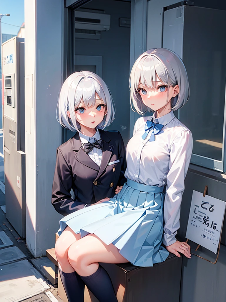 woman　manga　Japan　anime　Pastel tones　　Silver Hair　Shortcuts　Cute 2B　 Seventeen idol cute　Near future　Bright and natural atmosphere　A little quirky　Transparency　high school girl　uniform　goddess
