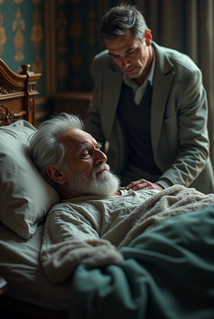 wise and rich elderly sick man lies in bed, there is an adult son nearby