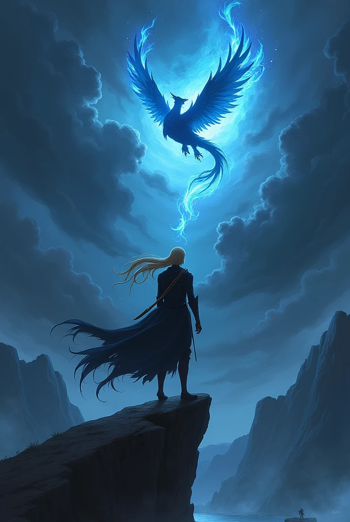 Imagine Anime badass guy. Yellow hairs. Eyes covered with a black cloth. Showing his back standing on a cliff with loneliness. Black Dark rainy clouds. Long slim muscular body. Twin daggers on back. Looking at blue flame phoenix in the sky