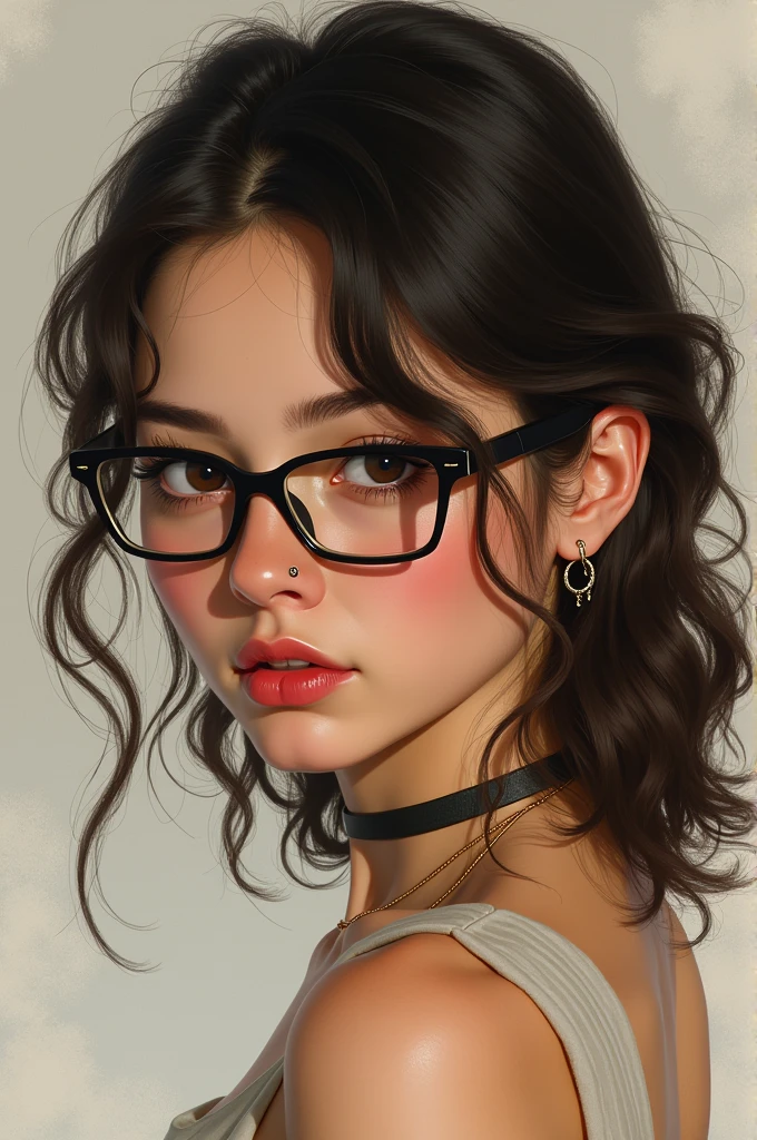 A girl with brown hair a little messy below her shoulders, with dark brown eyes and small rectangular glasses, voluptuous lips and a small spot near the mouth, two earrings in one of her ears