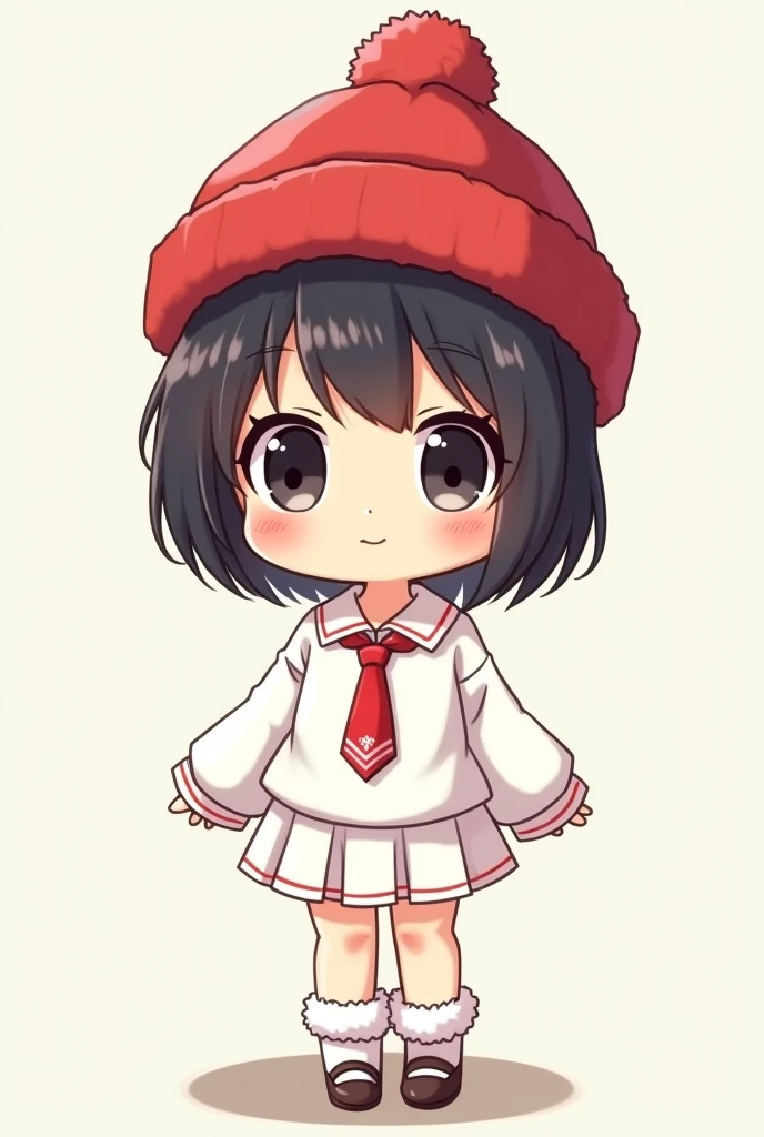 chibi anime girl, short black hair without bangs, black eyes, wearing a white shirt, red tie, white knee-length skirt, white fur socks, Japanese school shoes, wool hat red