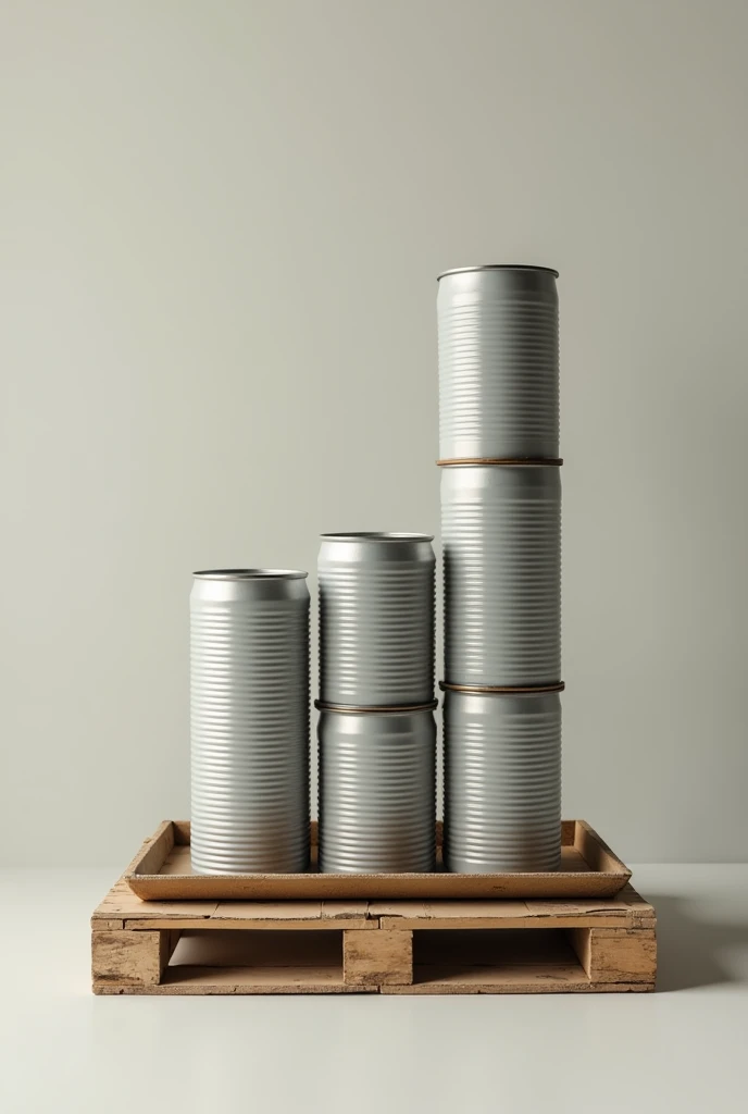 10 tin cans stacked on a cardboard tray on top of a wooden pallet