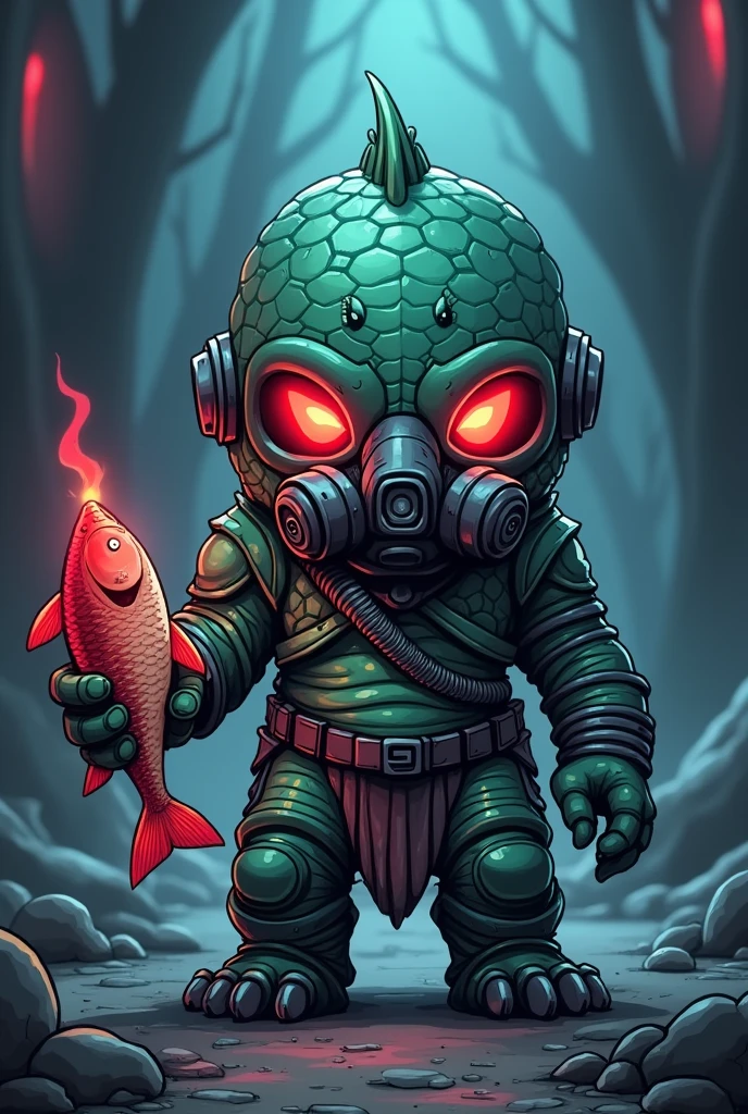 a cartoon image of a man in a gas mask holding a fish, unknown artstyle, chibi, in a dark space mercenary outfit, dystopian bounty hunter, with scaly-looking armor, weirdcore voidpunk fursona, in dead space, photo of scp-173, varguyart style, with red glowing eyes, scp 3008