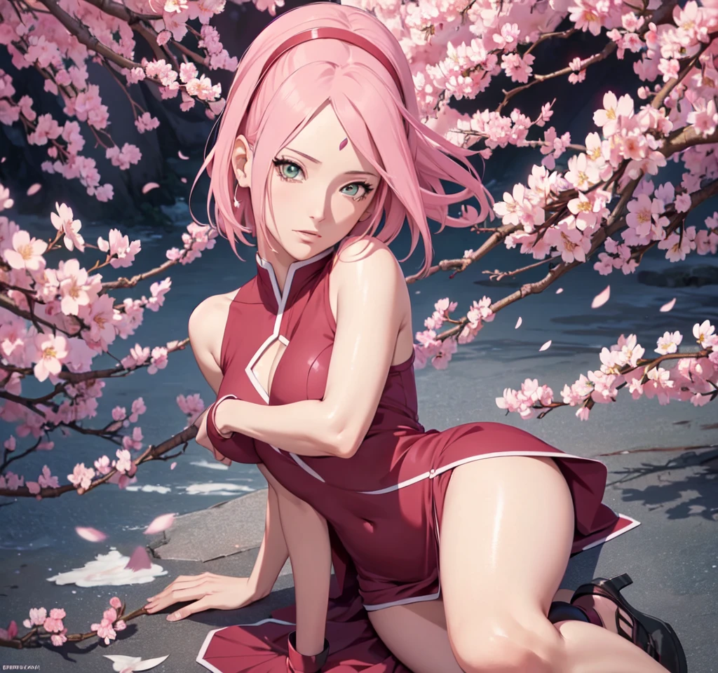 sakura haruno, exposed leg dress, maturebody, beautiful face, sultry posing, big buttocks, illustration, high resolution, ultra detali, realisitic, swirly vibrant colors, soft lighting, cherry blossom theme
