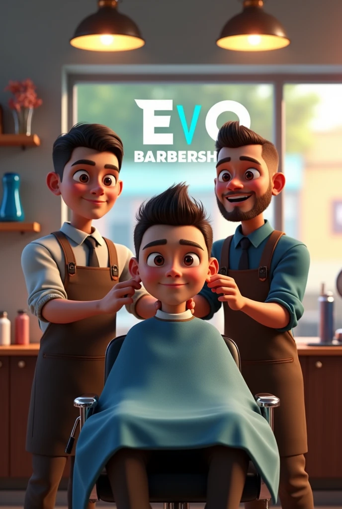 Disney Pixar that says "EVO barbershop", 2 man capsters cutting costumer hair, happy face, with the background of barbershop room, modern and clean, very realistic, Pixar style, typography, poster, 3d rendering