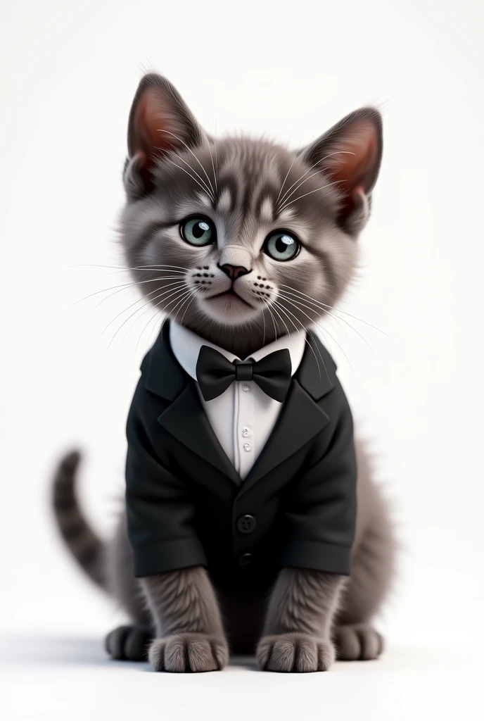 kitten in black tuxedo on white background
