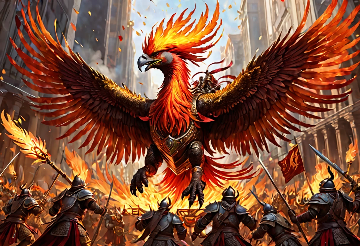 A magnificent phoenix (wreathed in flame, flaming feathers, exquisite long flaming tail feathers) is flying over an orc war band (scrap armor, riding wargs) and phoenix is breathing fire at the orcs,