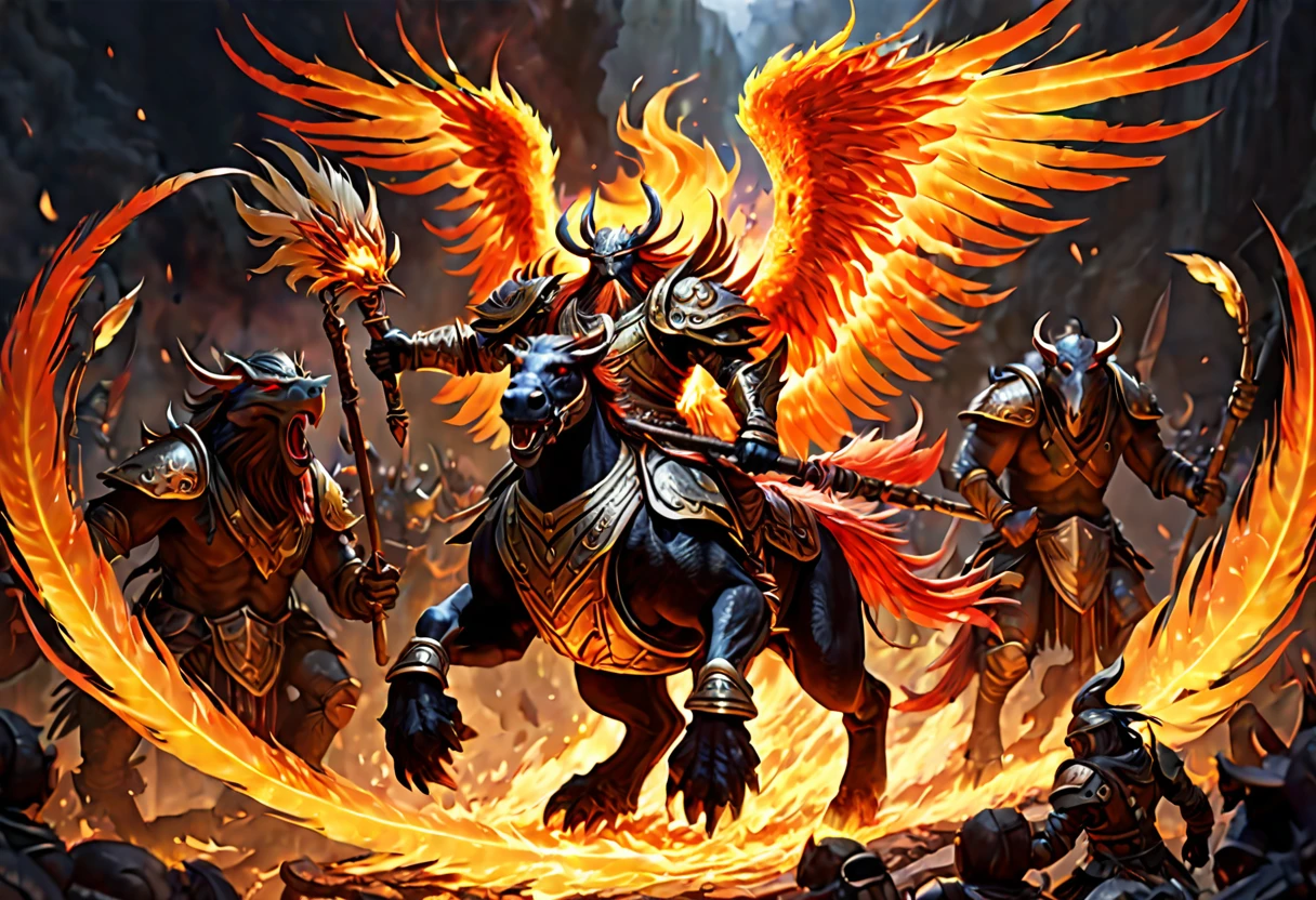 A magnificent phoenix (wreathed in flame, flaming feathers, exquisite long flaming tail feathers) is flying over an orc war band (scrap armor, riding wargs) and phoenix is breathing fire at the orcs,