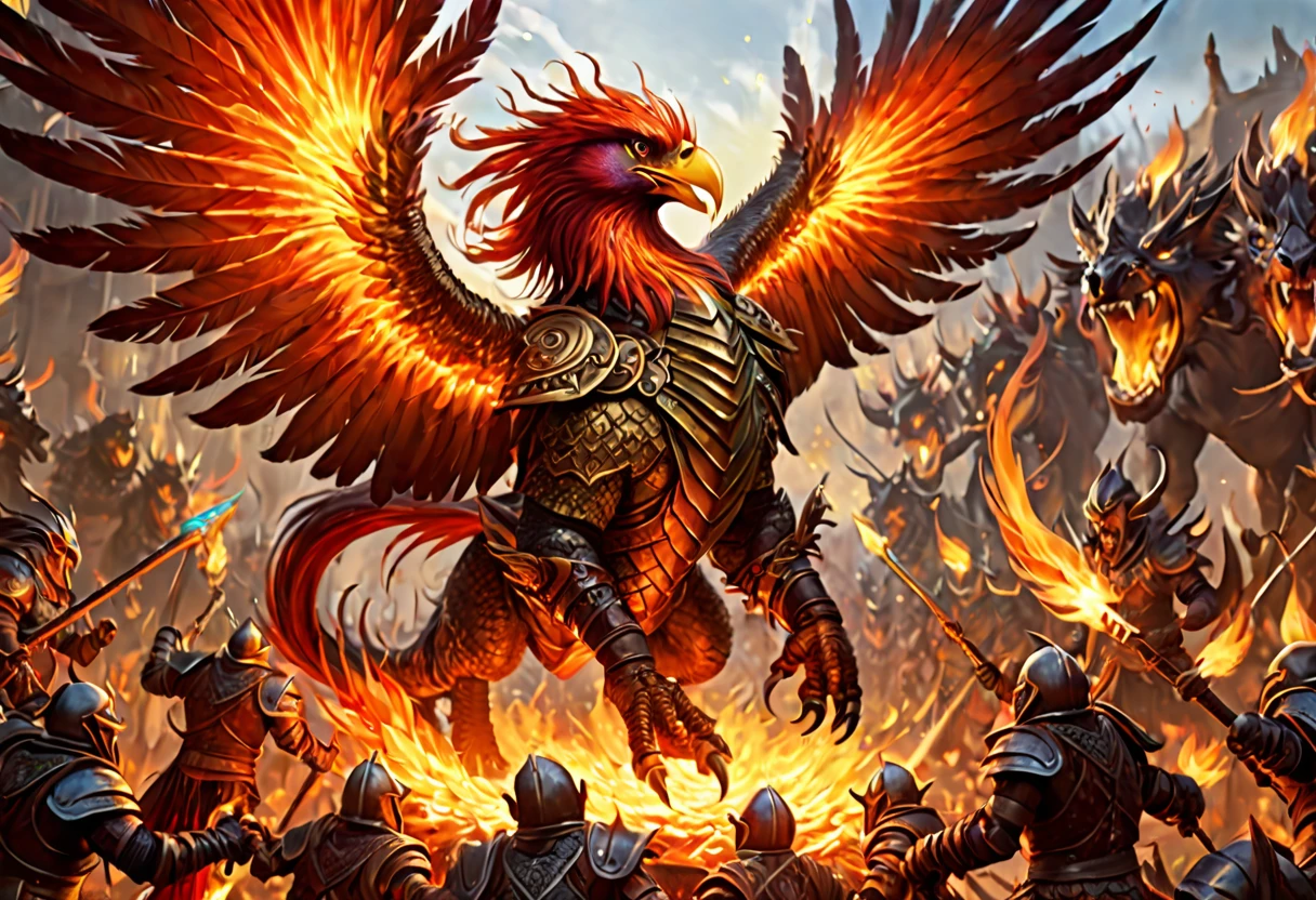 A magnificent phoenix, flaming feathers, exquisite long flaming tail feathers, phoenix breathing fire, orc war band, scrap armor, riding wargs, (best quality,4k,8k,highres,masterpiece:1.2),ultra-detailed,(realistic,photorealistic,photo-realistic:1.37),HDR,UHD,studio lighting,ultra-fine painting,sharp focus,physically-based rendering,extreme detail description,professional,vivid colors,bokeh,fantasy,epic,dramatic lighting,cinematic
